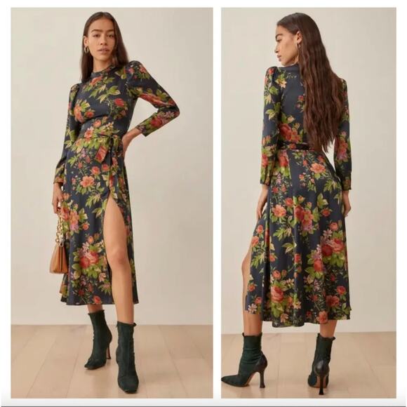 Reformation Julius Silk Dress Black Floral Print Long Sleeve Midi Length Size 8 - Picture 1 of 13